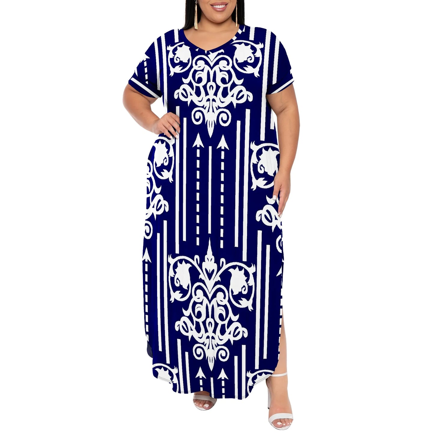 Maxy Plus Size V-Neck Short Sleeve Dress Navy White Stripe Scroll Print Elegant Summer Wear