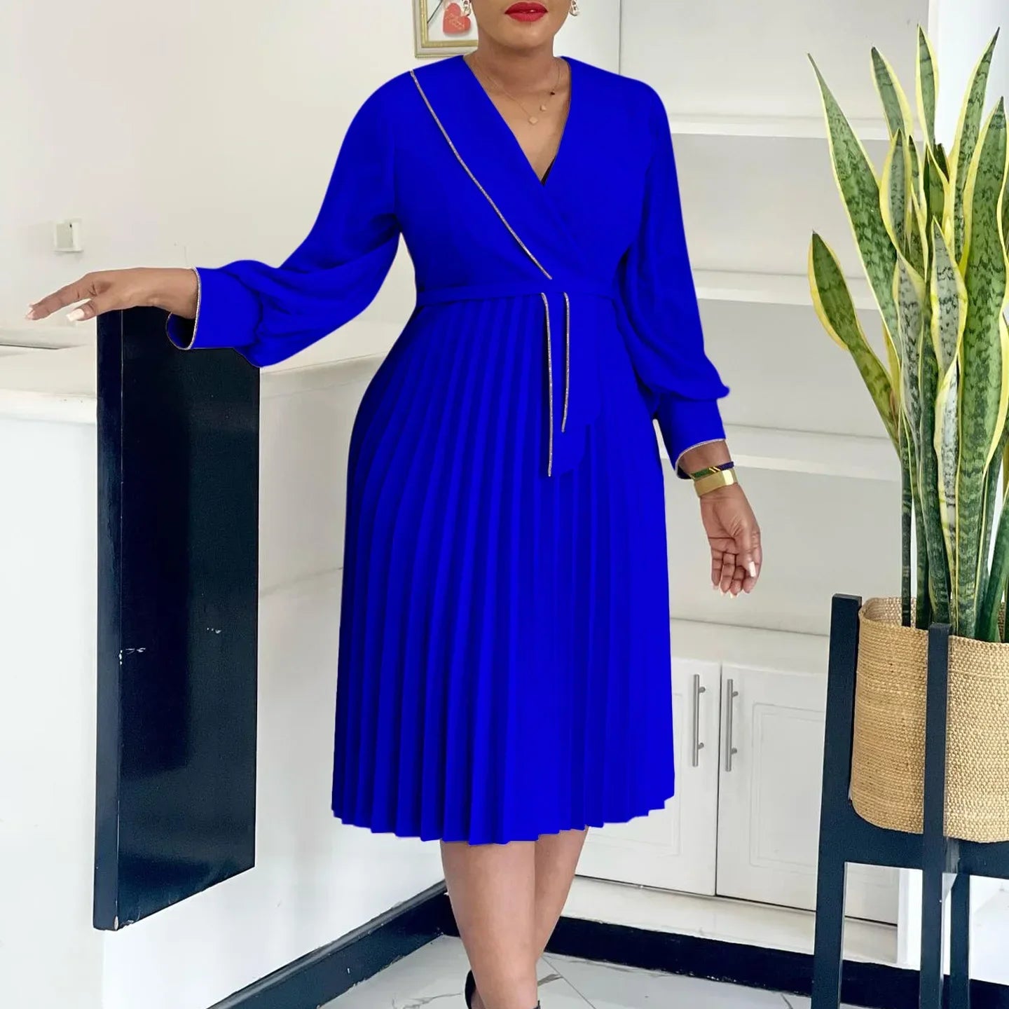 Maxy Elegant A-line Dress Women's Luxury V-neck Long Sleeved Pleated Mid Waist African Fashion Women's Birthday Party Dresses