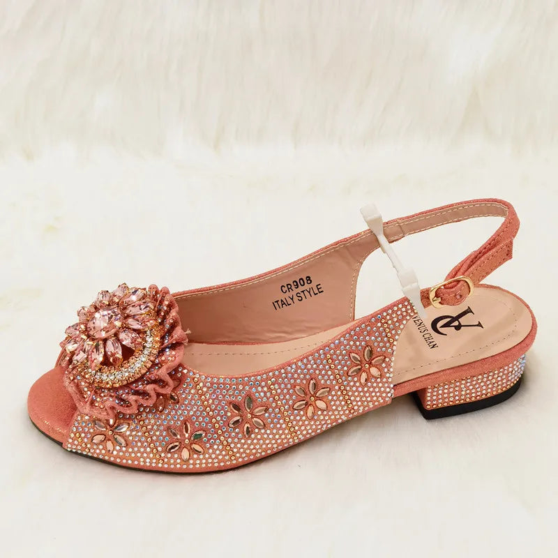 Maxy Elegant Low Heels New Arrival Hot Selling Peach Color Crystal Style Italian design Wedding Women Shoes and Bag Set for Party