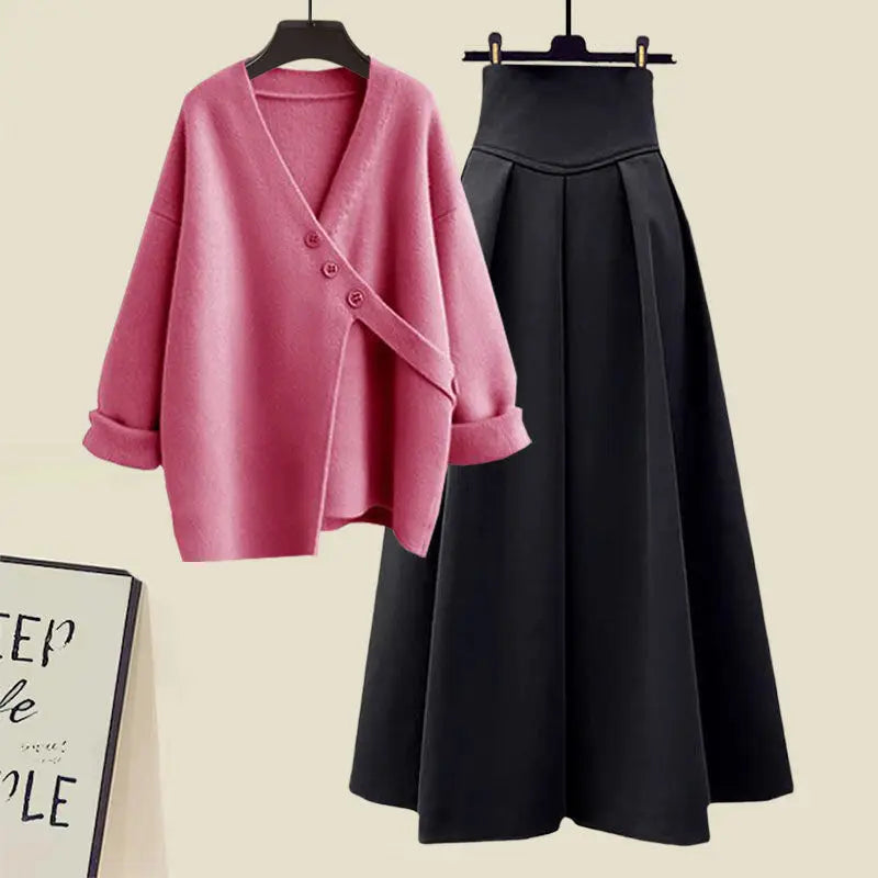 Amay Autumn and Winter Fashion Women's Set New Korean Knitted Sweater Sweater Age Reducing Slim Half Skirt Two Piece Set