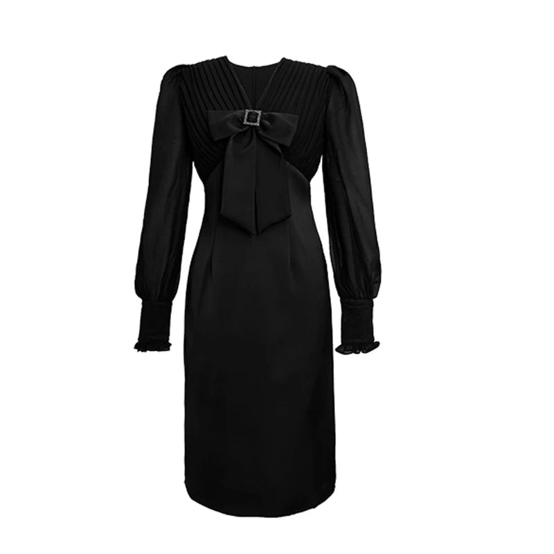 Gaxy Elegant Celebrity Woman Dress Chiffon Spliced V-neck Bow Puff Sleeve Slim Black Robe Femme Midi Gown Office Party