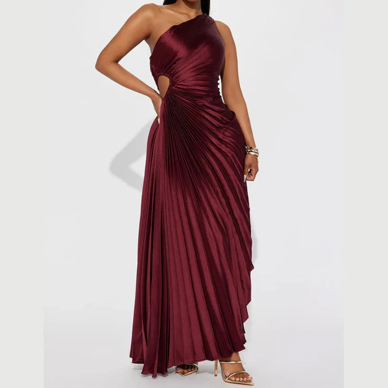 Maxy Spring Evening Banquet Elegant Hip-Hugging Off-One-Shoulder Round Cutout Pleated Women's Fashion Dress