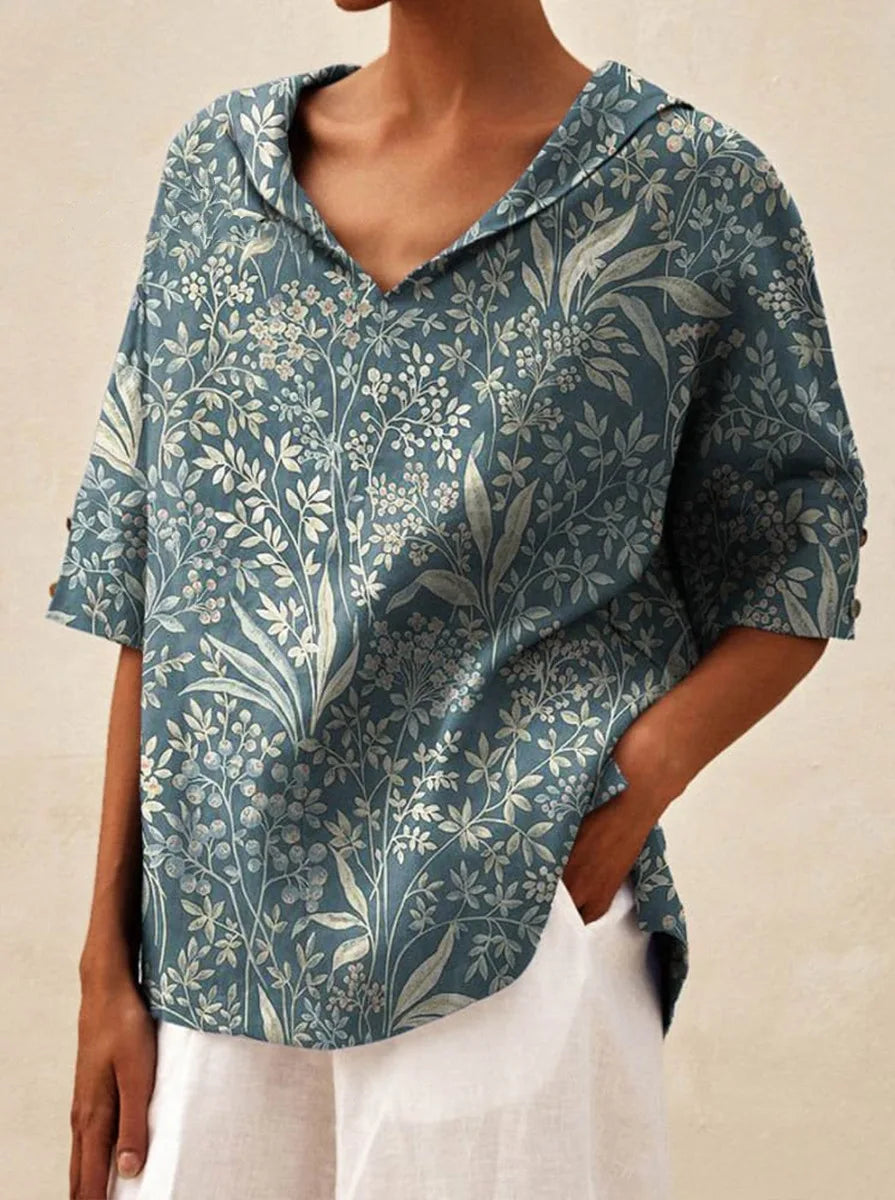 Maxy Women's Loose V-Neck Cotton Linen Shirt, Casual Elegant Summer Blouse Office Wear