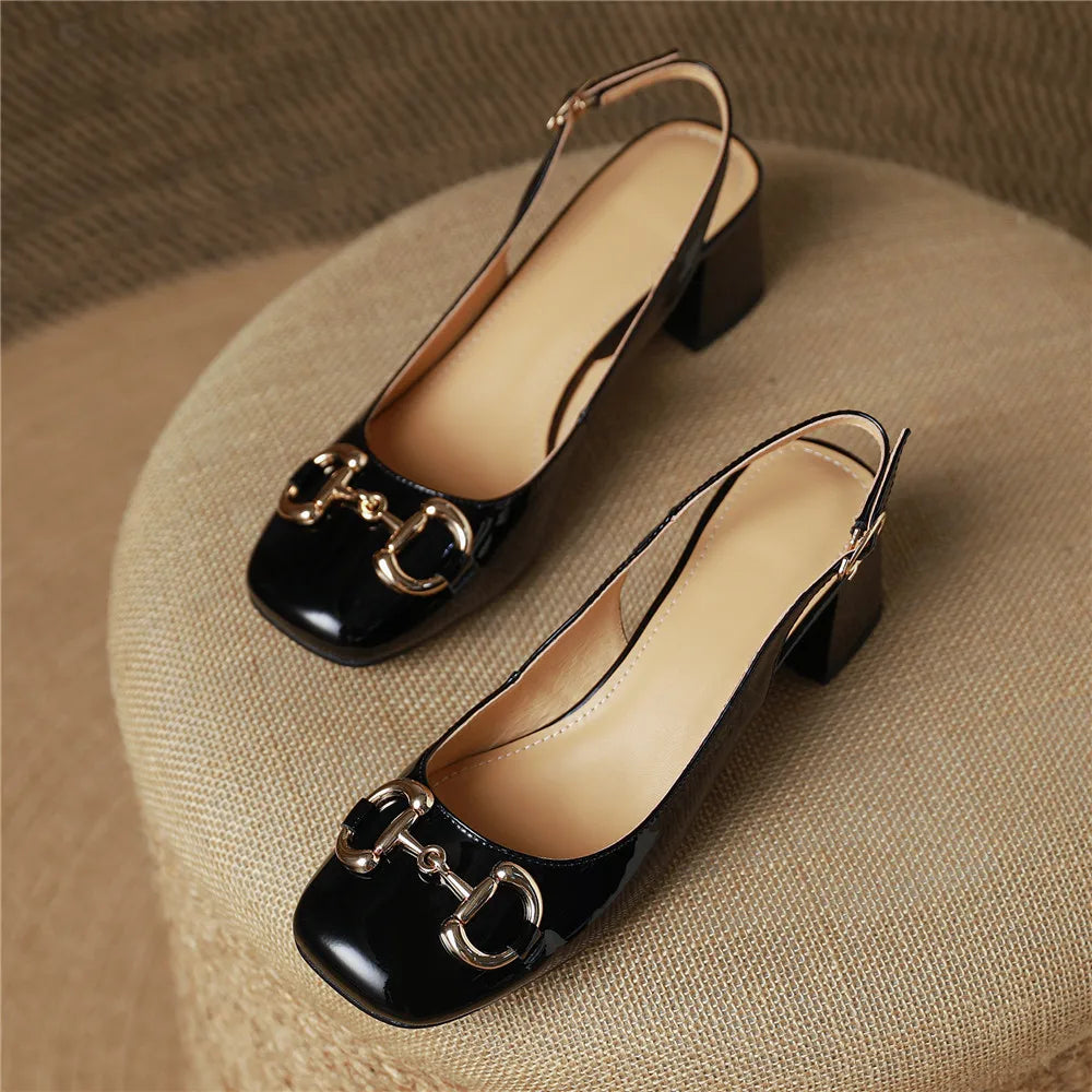 Amay new Women  Classic Metal Buckle Women Patent Leather Pumps Round Toe Thick Heels Slip On Plus Size 34-43 Spring Autumn Shoes