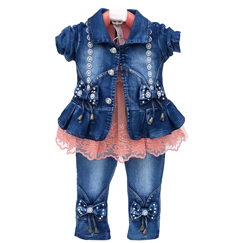 Maxy Spring Autumn Infant Baby Girl Denim Clothing Sets 3 pcs Long Sleeve T Shirt Dress Tops Denim Jacket and Jeans Trousers Pants