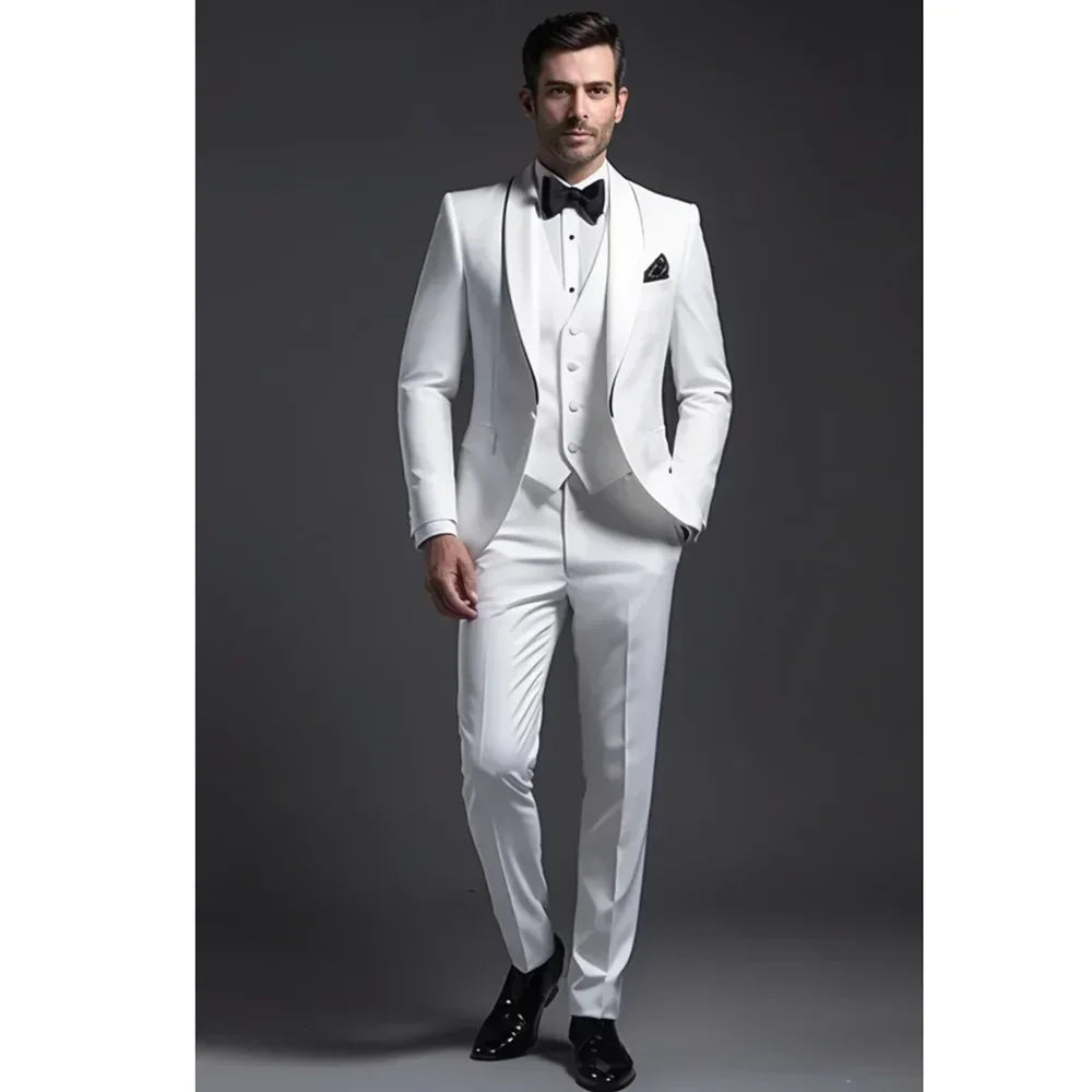 White Formal Suits for Men 3 Piece Shawl Lapel Wedding Tuxedo Groomsmen Single Button Suit Prom Party Slim Fit 2025