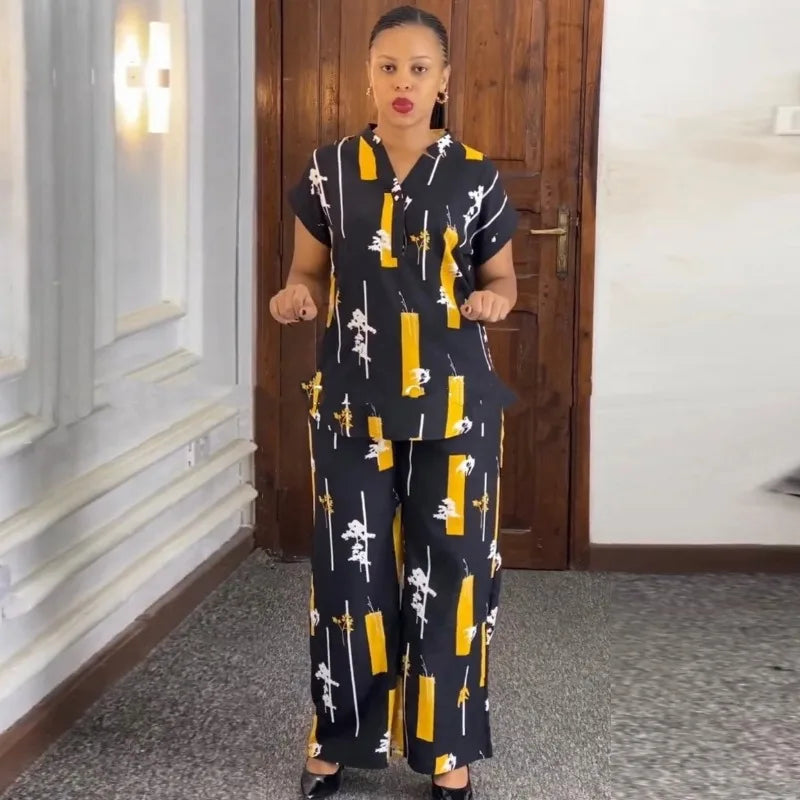 Maxy Pants Set Women Blouse Straight Trousers Two Piece Set Shirt Tracksuit Set Dashiki African Clothes Summer Top Matching Sets