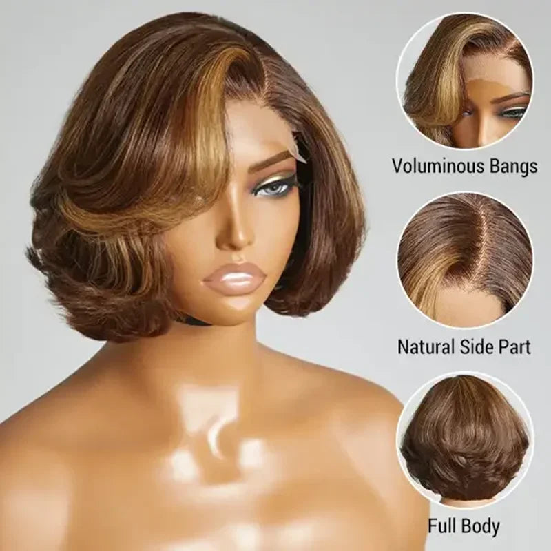 Maxy Brazilian 4/27 Highlight 4x4 Body Wave Glueless Closure Human Hair Wigs Ombre Brown Mix Blonde Water Wave C Part Short Bob Wig