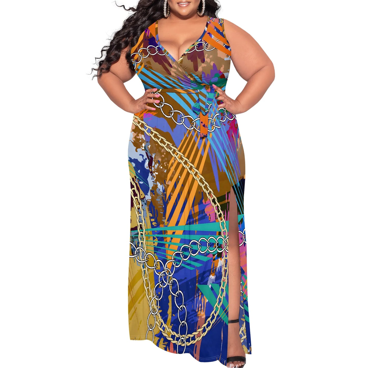 Maxy Plus Size Women's Sexy Casual Dresses for Curvy Women 3D Printed halterneck V Neckline Short Sleeve Loose High Vent Maxy Dress