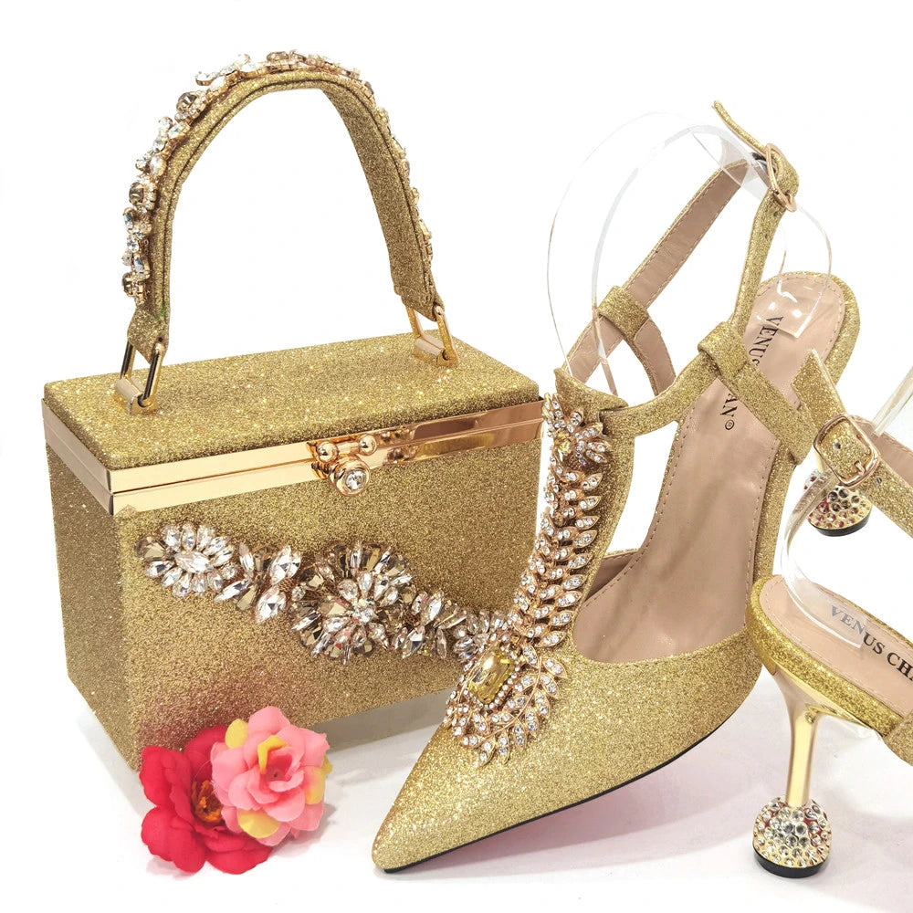Maxy Newest Red Color Comfortable Streamlined Pointed Toe Women's Shoes Matching Big Crystal Handbag Party Women's Shoes And Bag Set