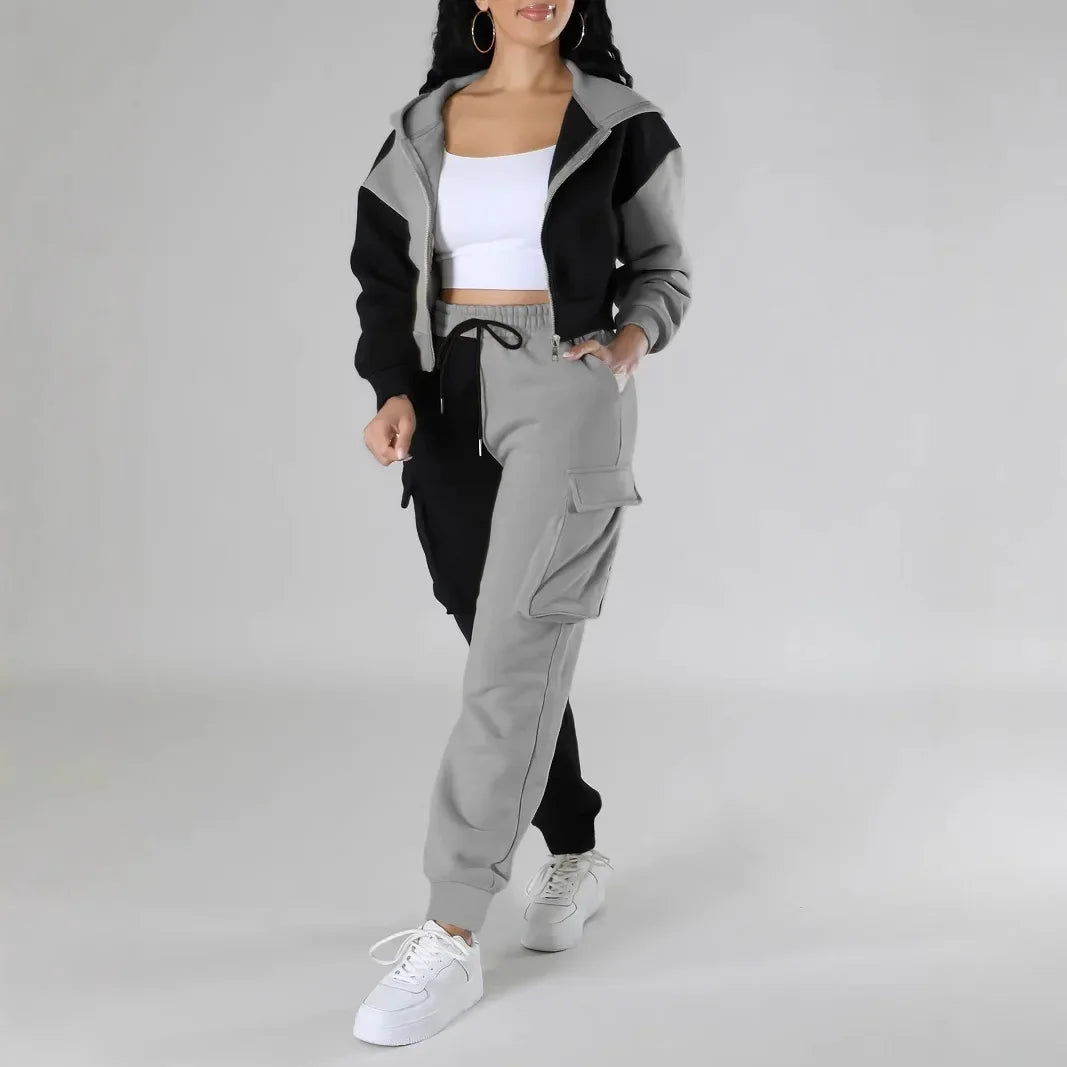 Women Loose Autumn Winter Two Pieces Suit Matching Sets Hoodie Tracksuit Blocked Zipper Short Outerwear Drawstring Cargo Pants