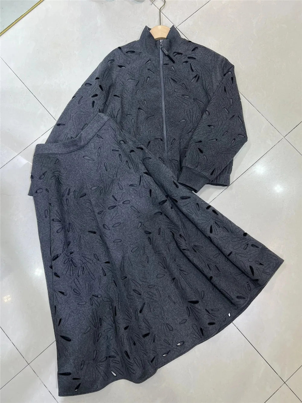 Maxy Autumn B*C Hollow Pattern Wool Short Jacket Coat + High Waist A-Line Skirt Women's Clothing 2-Piece Set