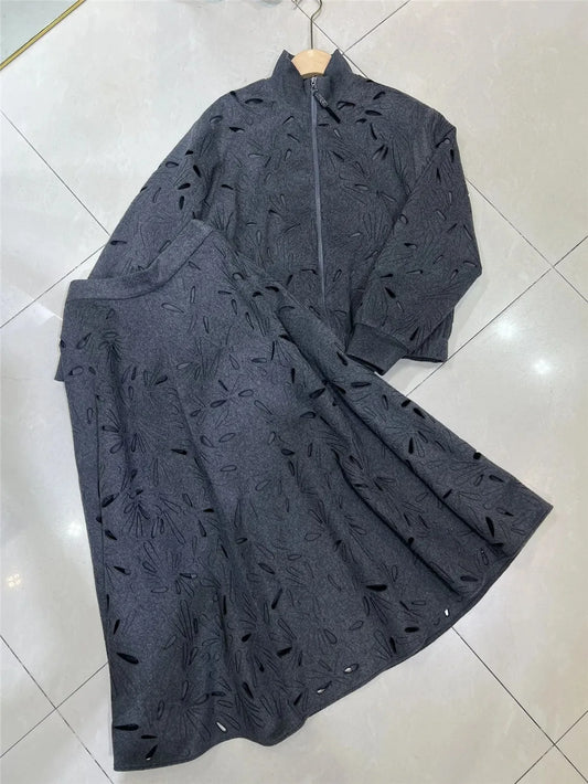 Maxy Autumn B*C Hollow Pattern Wool Short Jacket Coat + High Waist A-Line Skirt Women's Clothing 2-Piece Set