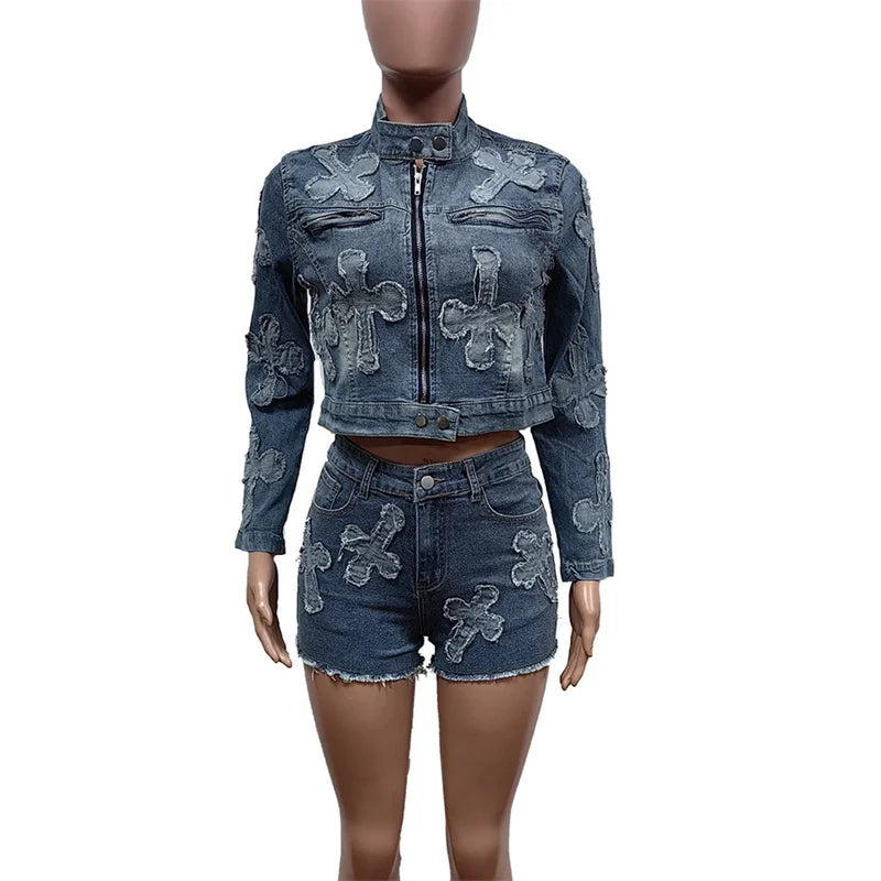 Zay Women Vintage Embroidery Cross Two Piece Sets Zipper Cardigan Button Splice O Neck Short Jacket Female Denim Suits Tassel Shorts