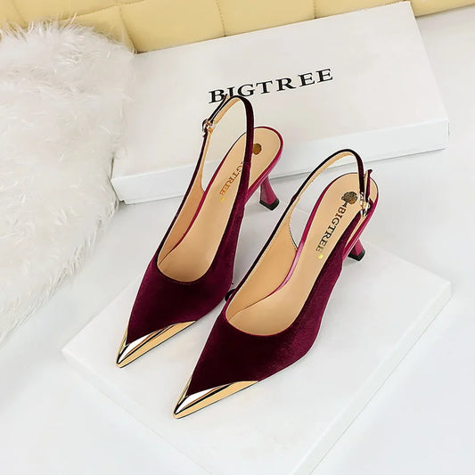 Women 7cm High Heels Green Burgundy Slingback Strap Pumps Lady Metal Toe Velvet Kitten Low Heels Nightclub Evening Party Shoes