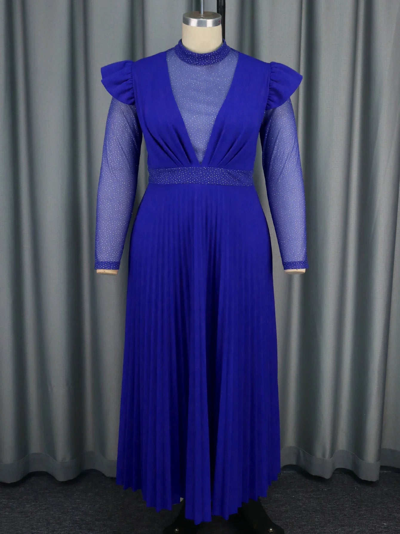 Amay Women Blue Maxy Evening Party Dress High Neck See Through Sheer Mesh Patchwork Long Sleeve Empire Pleated Gown Plus Size