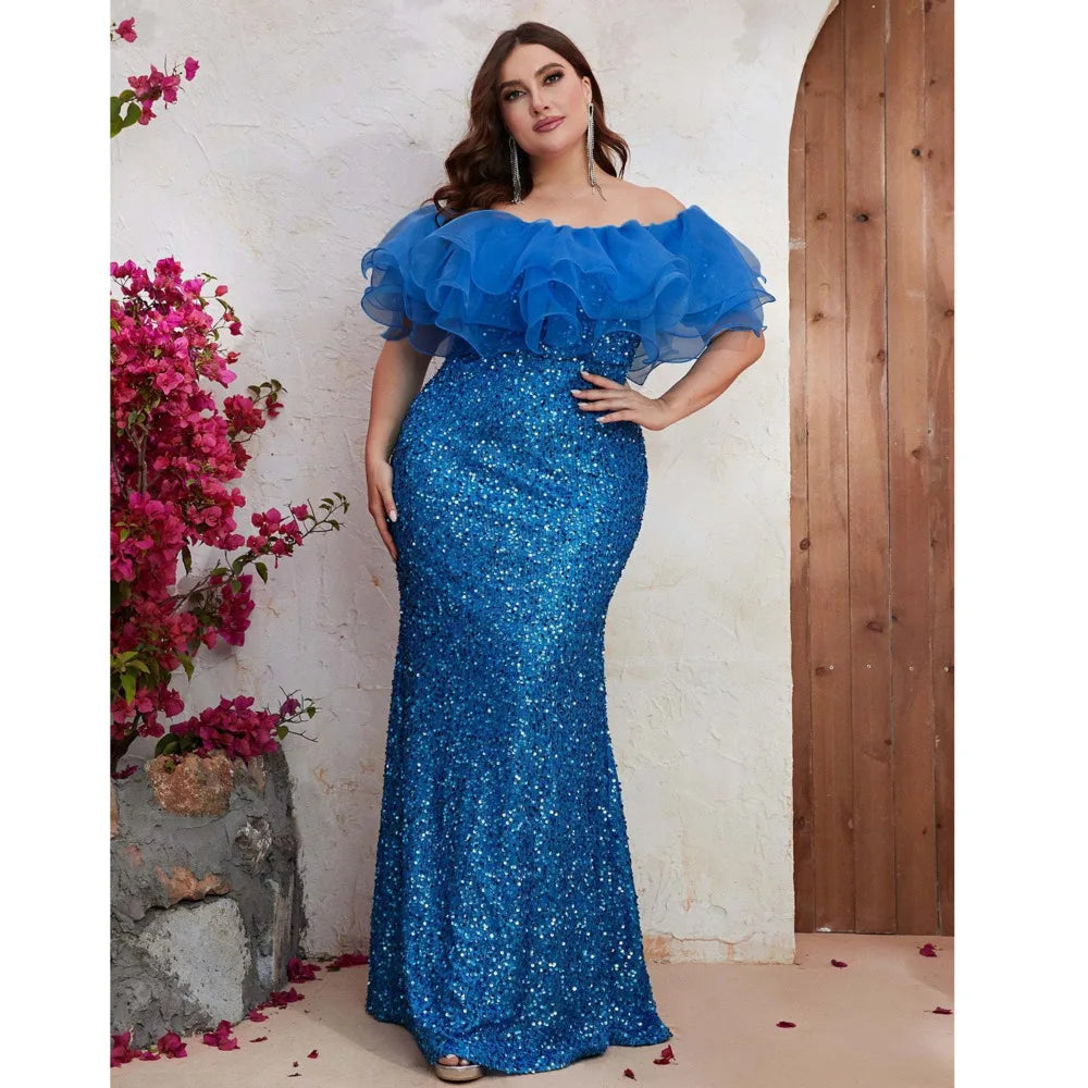 Maxy Plus Size Women Party Dresses New Fashion Strapless Mesh Splicing Elegant Sequin Wedding Dresses Large Female Evening Long Dress