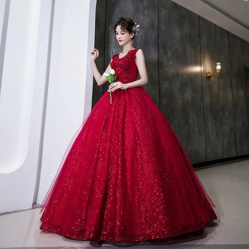 Maxy New Women's Wine Red Embroidered Decal Evening Dress Fashionable Slimming Banquet Art Exam Stage Grand Display Dress