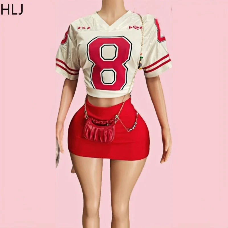 BaBS Letter Print Stripe Stitching Mini Skirts Two Piece Sets Women V Neck Loose Tshirt And A-line Skirts Outfits Streetwear