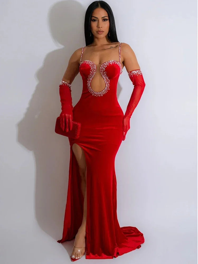 Maxy Dress Luxury Woman Evening Dress Sparkle Heartbeat Velvet Diamonds Maxy Dress Gown Celebrities Outfits With Rhinestones Glove