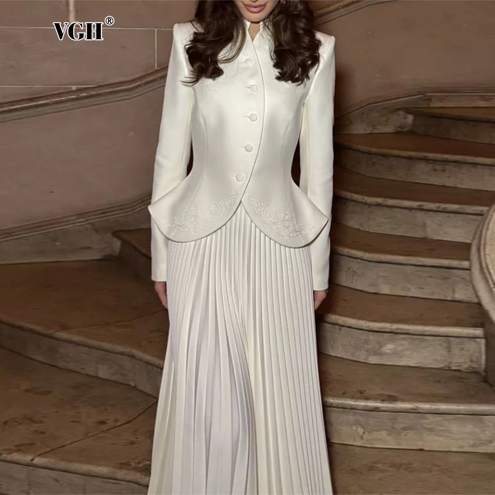 Amay Embroidery Solid Two Piece Set For Women Stand Collar Long Sleeve Spliced Button Tops High Waist Folds Skirt Chic Set Female