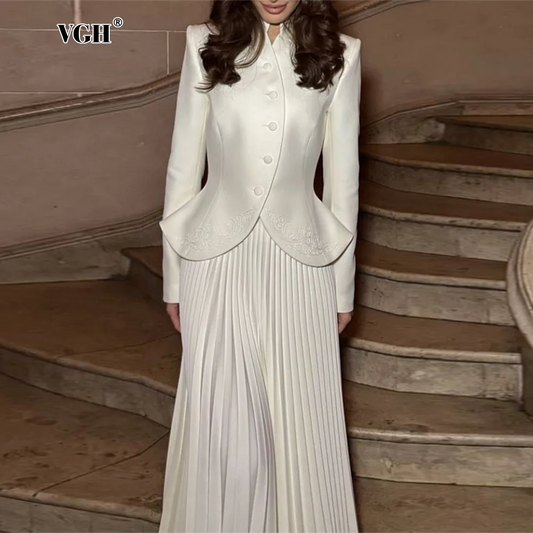 Amay Embroidery Solid Two Piece Set For Women Stand Collar Long Sleeve Spliced Button Tops High Waist Folds Skirt Chic Set Female