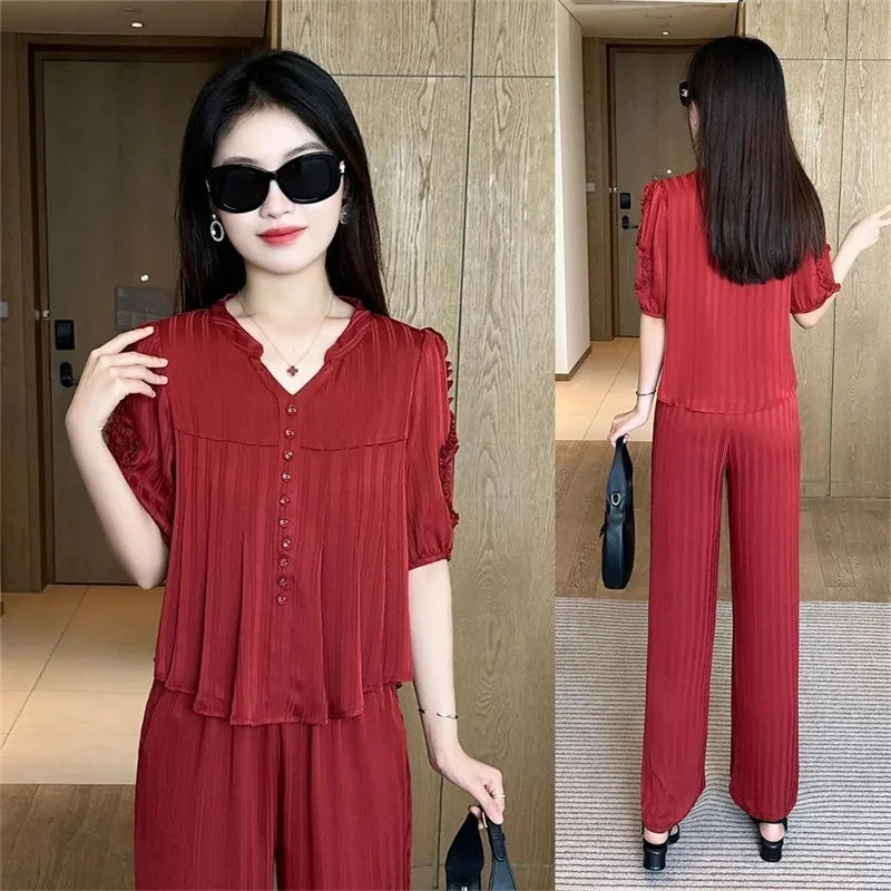 Maxy Short Sleeved Oversized Slimming Stylish Casual Summer Set Korean Version Sun Protection Suit For Women Shirt+Pant Two-Piece Set