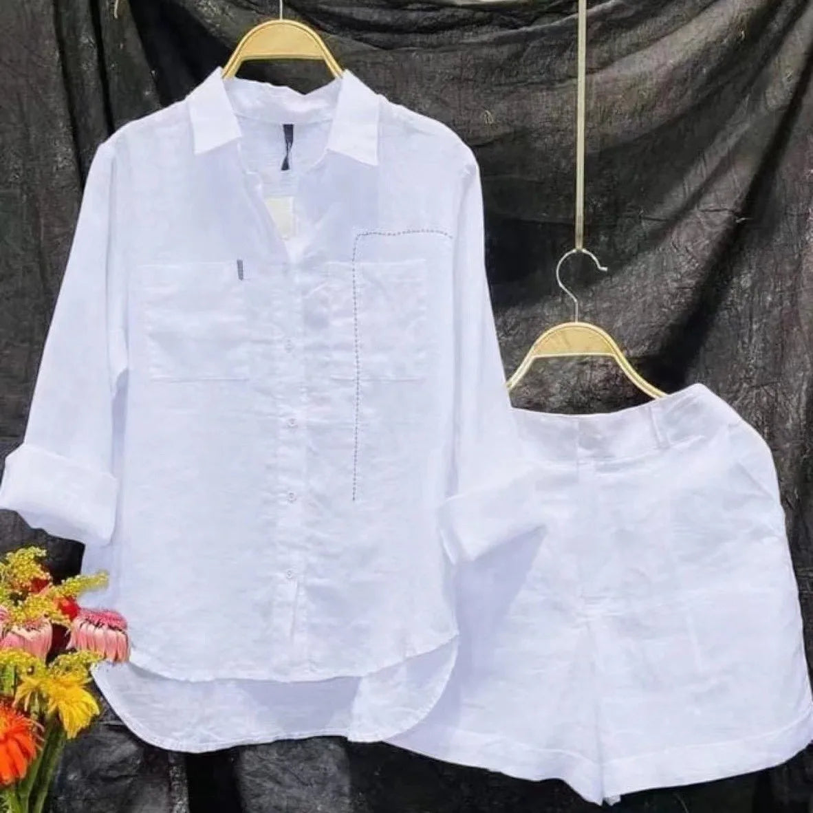 Maxy Summer Casual Home 2 Piece Set For Women Basics Cotton White Long Sleeve Shirt and Shorts Pants Set New Fashion Tracksuit
