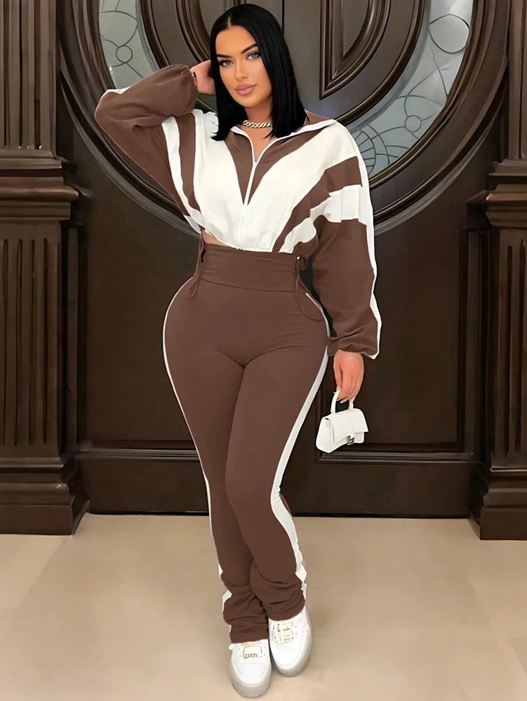 Casual Womens Set Zipper Jacket and Jogger High Waist Flared Pant Suit 2025 Fall Street Fashion Tracksuit Gym 2 Two Piece Sets