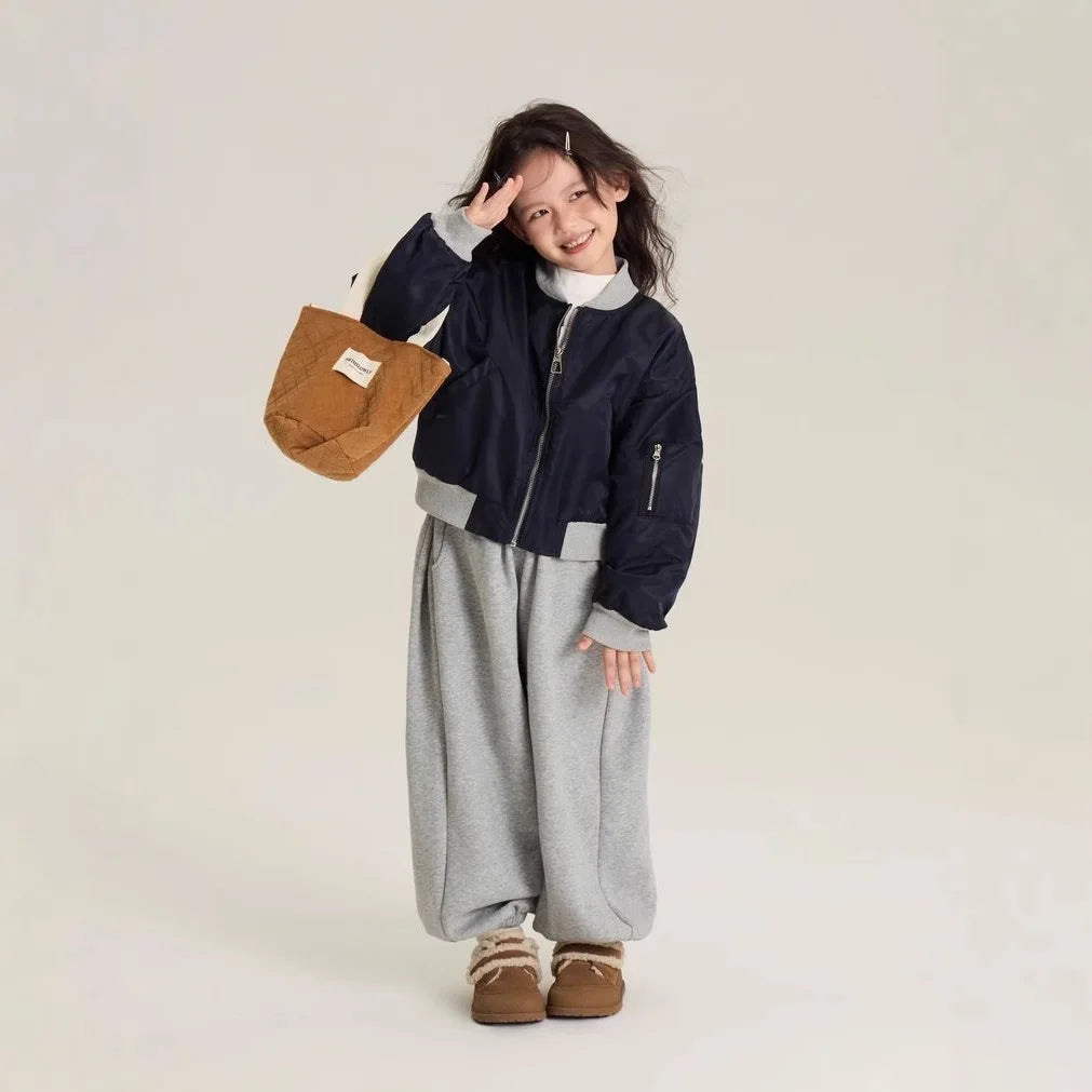 Maxy Girls Suits New Winter Padded Cotton Coat and Fleece Thick Gray Pants Two-piece Set Clothes Korean Simple Style Suits