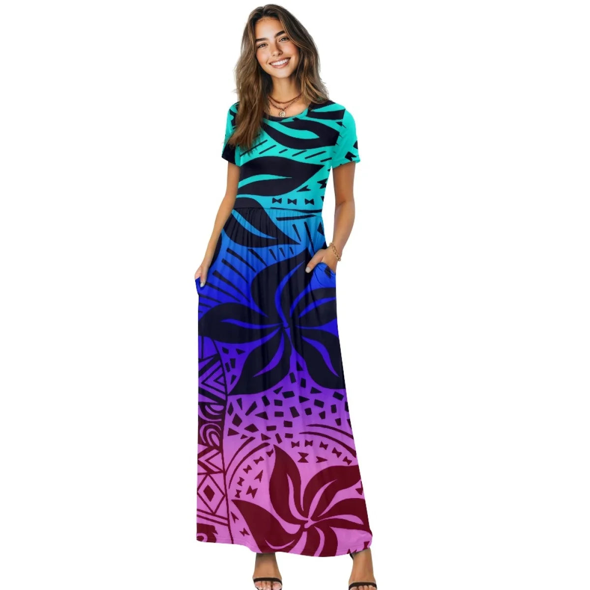 Maxy New Plumeria Style Short Sleeve Pleated Casual Dress Polynesian Loose Pocket Long Dress Women's Casual Comfortable