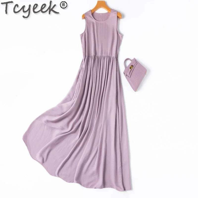 Maxy 70% Mulberry Silk+30% Cotton Dresses 2024 Summer Dress Women Clothing Sleeveless Elegant Women's Dresses