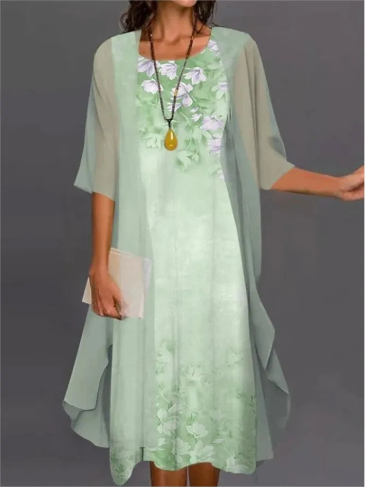 Maxy Summer Elegant Dress Two-piece Set Women Fashion Floral Print Dress For Women Casual Long Cardigan Coat Sun Protection Shirt