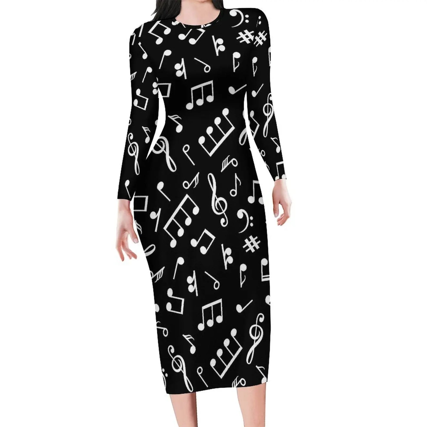 Amay Rainbow Music Notes Dress Long Sleeve Retro Print Kawaii Dresses Autumn Ladies Aesthetic Custom Bodycon Dress 3XL 4XL 5XL