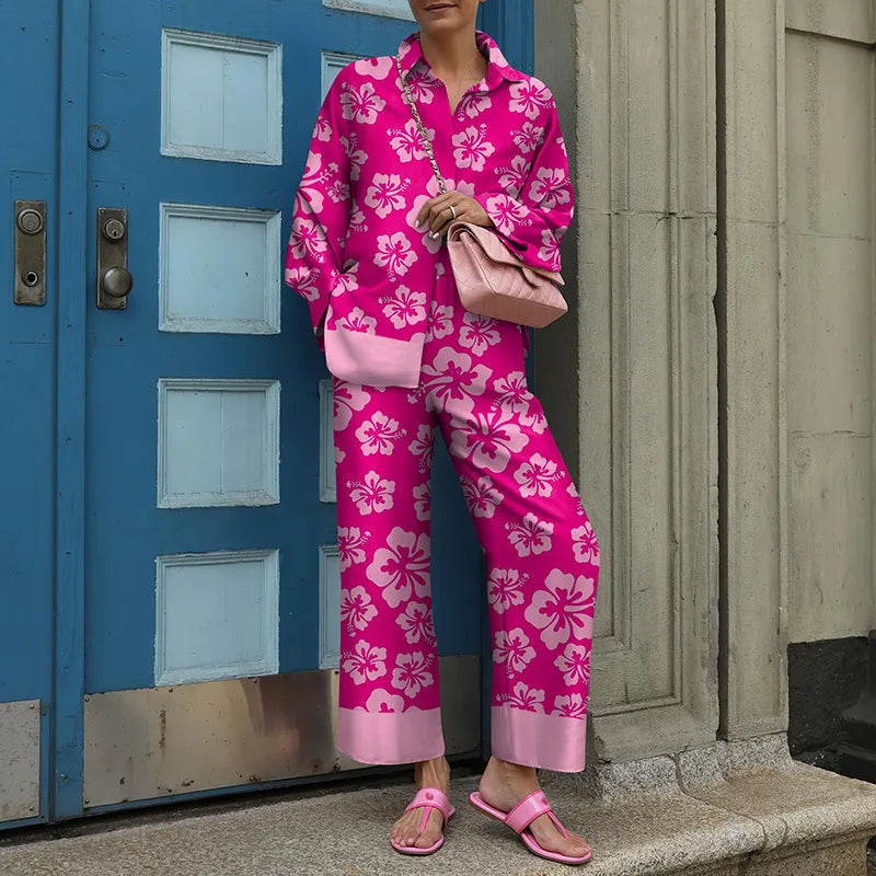 Maxy Autumn New Loose Vintage Printed Pant Sets Women Long Sleeve Shirts And Wide Legs Trousers Two Piece Set Fashion Streetwear