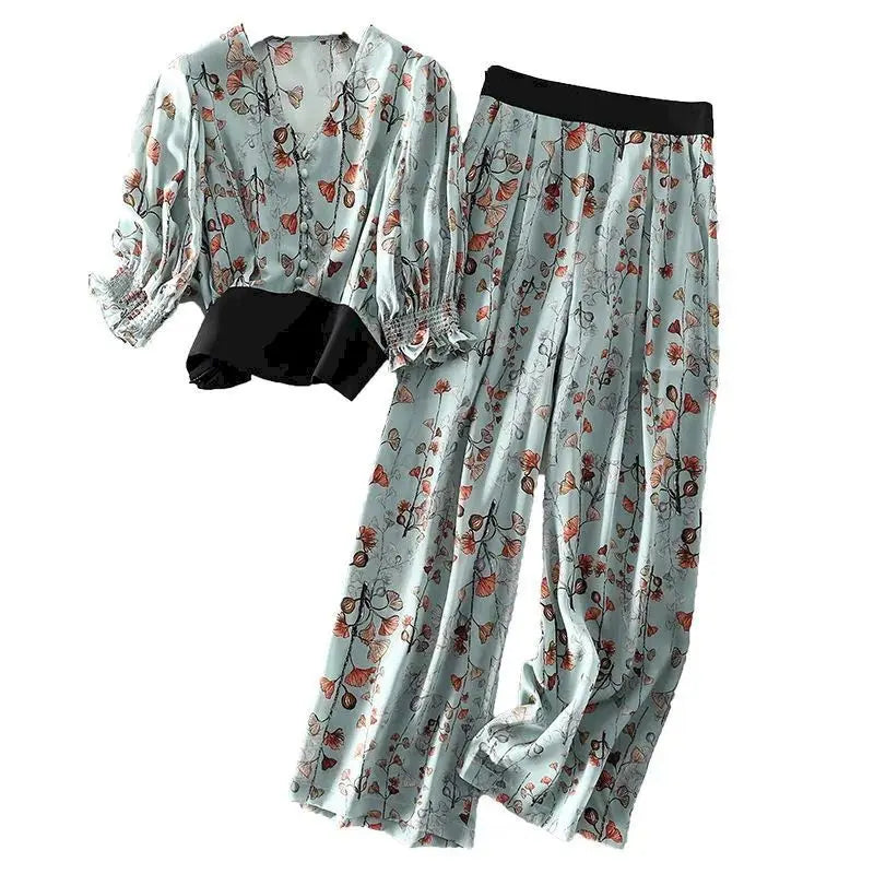 Maxy Fashion Women's Suits Summer Short-sleeved Puff Sleeve Short Blouses Casual Loose Trousers Thin Trend Temperament 2 Piece Sets