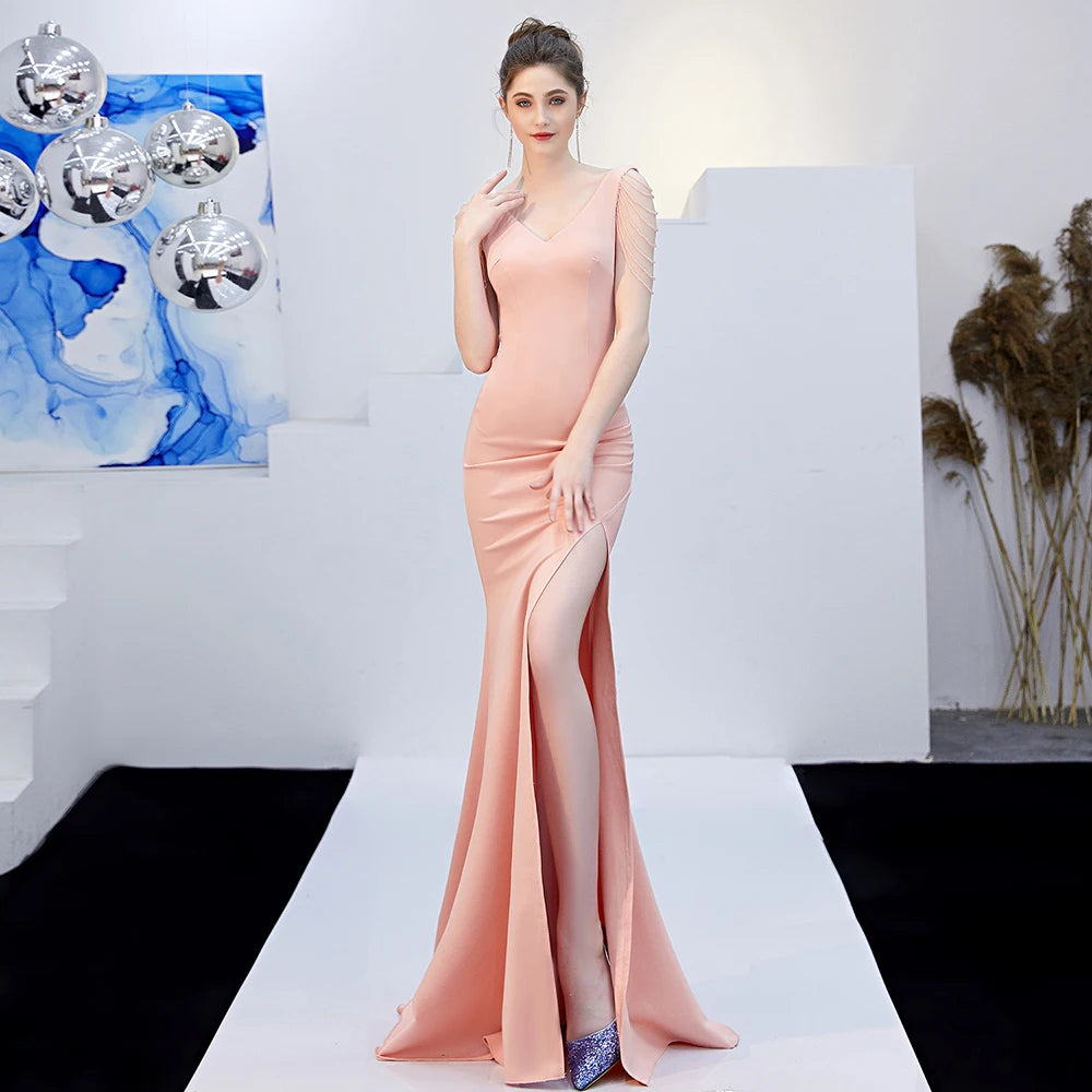 Maxy Evening Dress for Women Classic Beading V Neck Mermaid Ball Gown Satin Cocktail Party Vintage Elegant Long Maxy Side Slip Robe