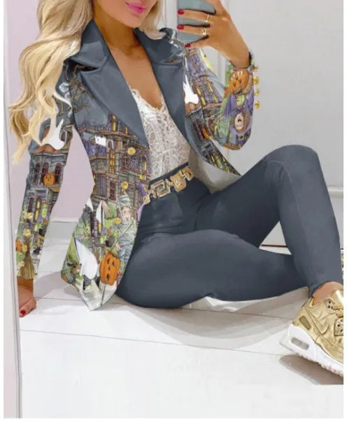 Maxy Fashion Butterfly Print Blazer Suit and Pants Two Piece Set for Women Autumn Winter Outfit Office Lady Casual Clothing