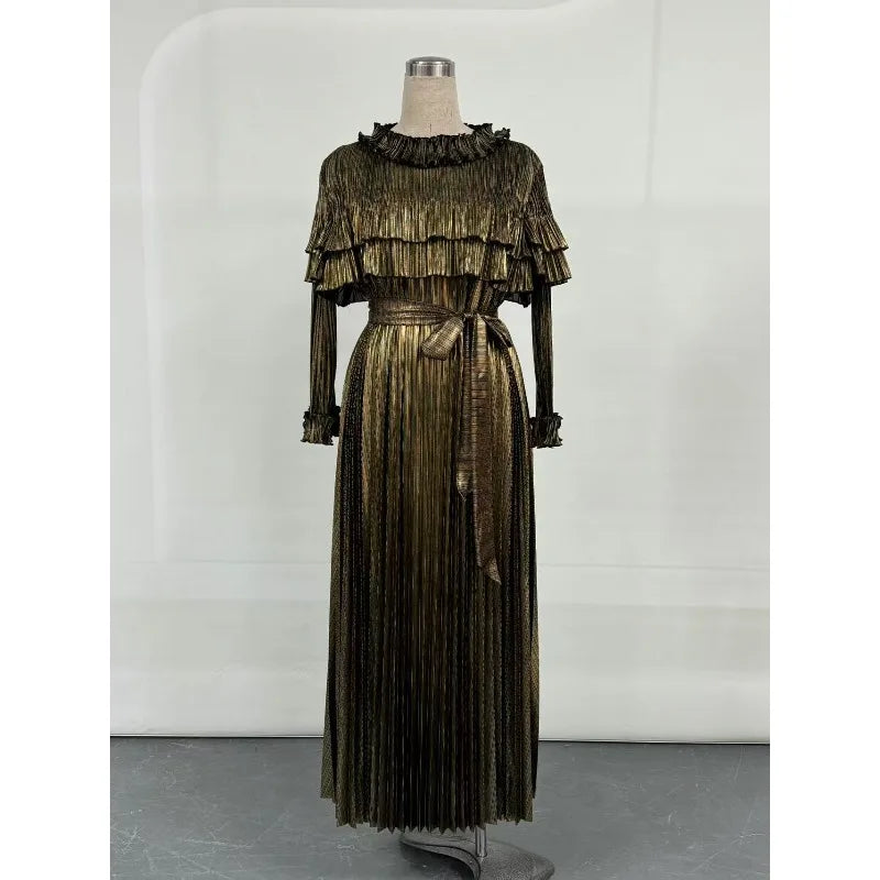 Maxy Fashion Plus Size Loose Gold Dress for Women Light Luxury Long Sleeve Lace-up Party Gown Casual Miyake Pleated Dress New