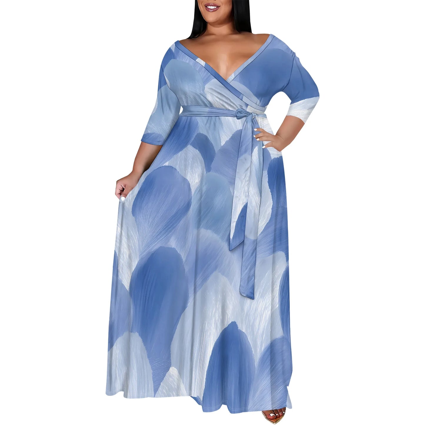 Maxy Plus Size Women's 3/4 Sleeve V-Neck Abstract Colorful Print Wrap Maxi Dress Fashion Boho Summer Style