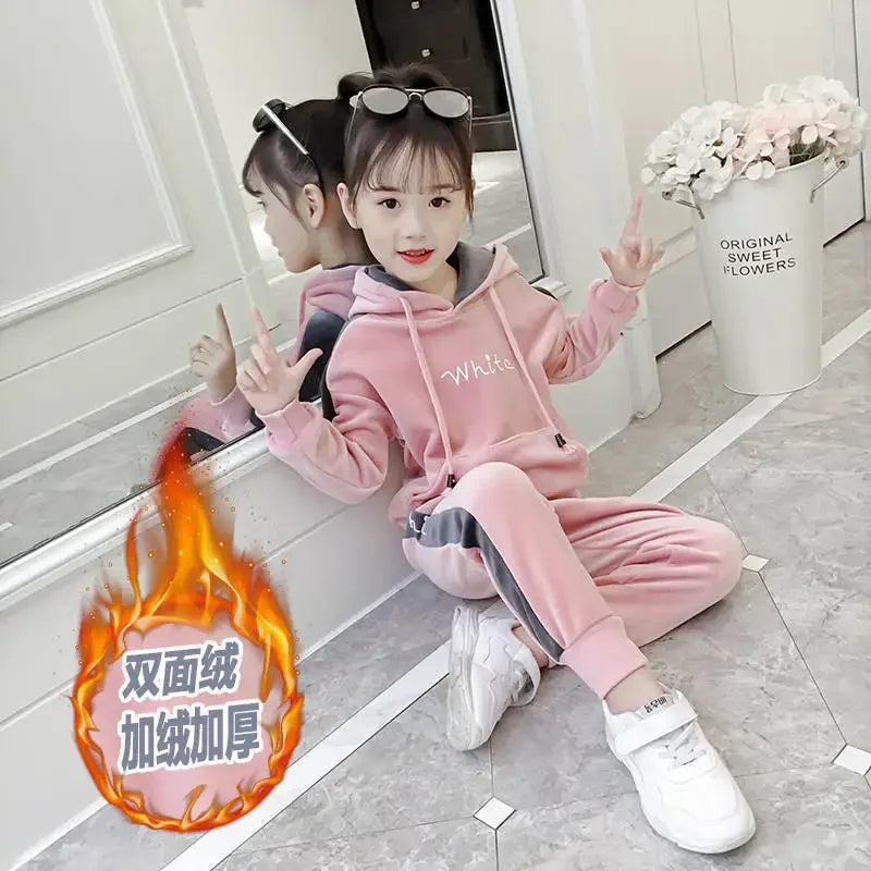 Maxy 2024 winter girl's tracksuit Autumn Toddler Teenager Clothes Plauche velvet sweatshirt hoodie + striped Pant Children Kid 12 year