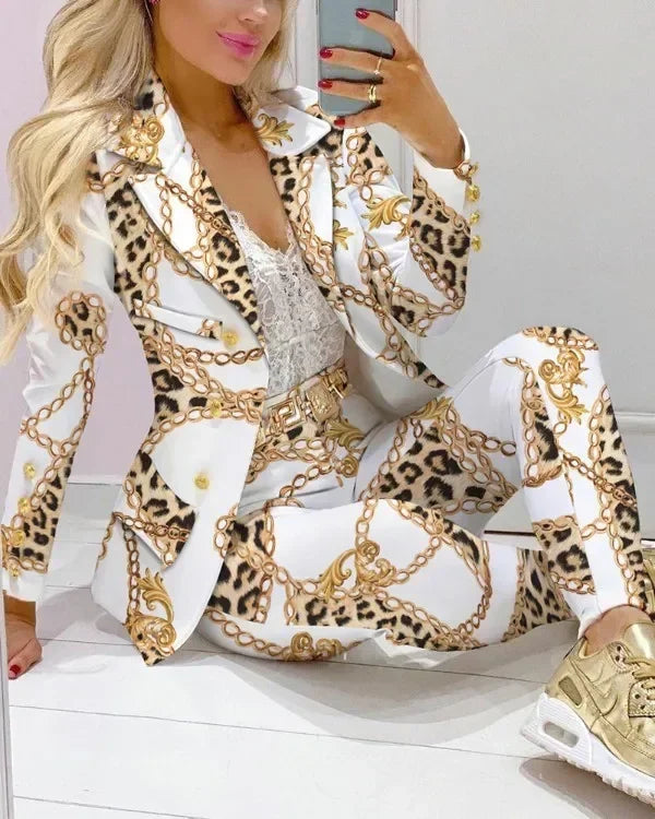 Maxy Women's Two Piece Set Formal Business Office Tracksuits For Women Outfits Elegant Blazer Suits Jacket + Pants Women Set Printted