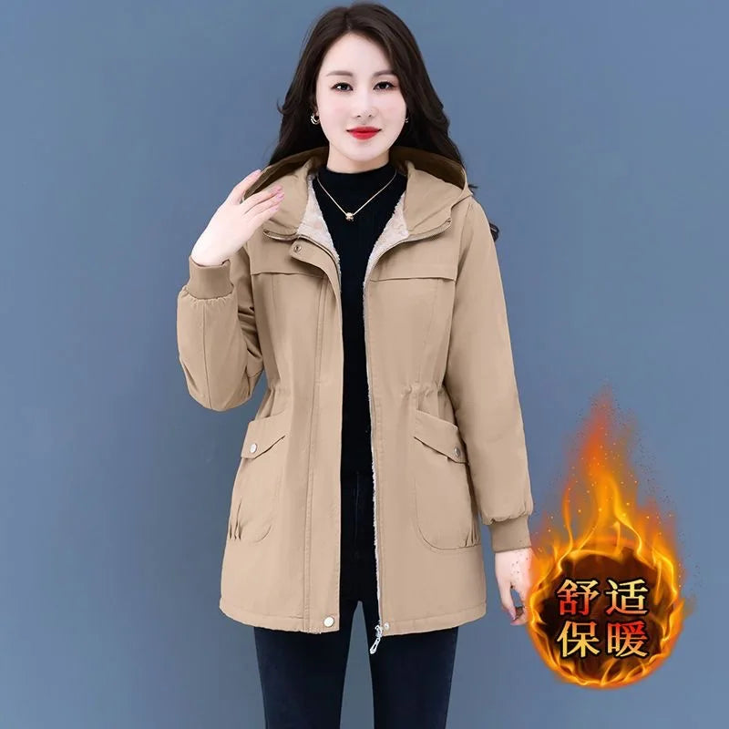 Maxy Casual Plus Velvet Warm Winter Trench Coat For Women Slim Hooded Thicken Cotton Jacket Female Snow Wear Overcoat.