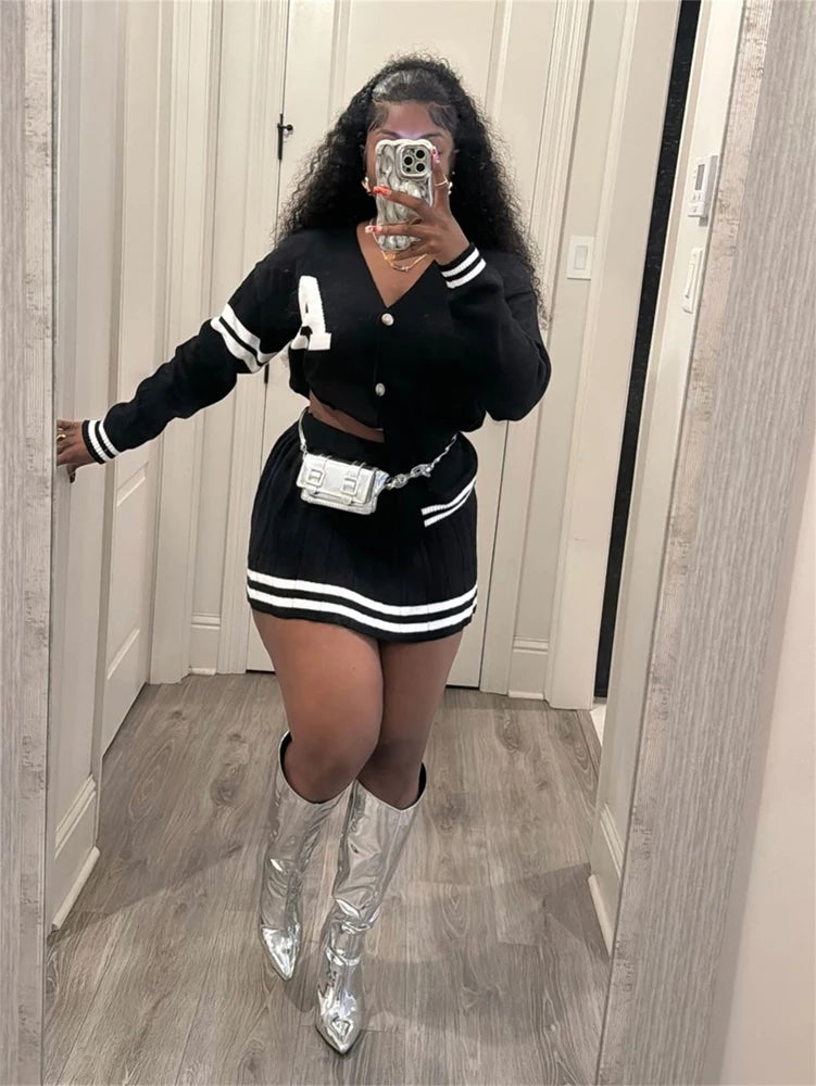 Maxy Knit Pleated Sweater Skirts 2 Two Piece Set Trendy Women Clothing Striped Letter Button Cardigan With Matching Mini Skirt Sets