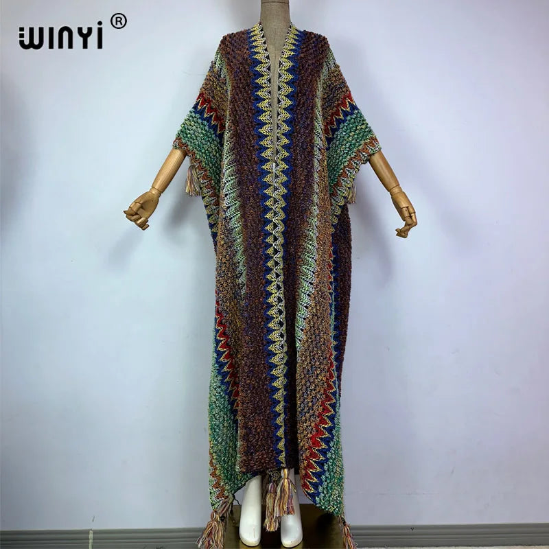 WINYI woman Winter tassel Knitted cardigan print coat Loose Christmas Africa Fashion hipster party dress Thick Warm Female cloke