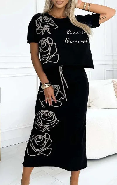Maxy Fashion Women's New Rose Flower Print Dress Two-piece Set Women's T-shirt Top + Skirt Sui't 2-piece Sets