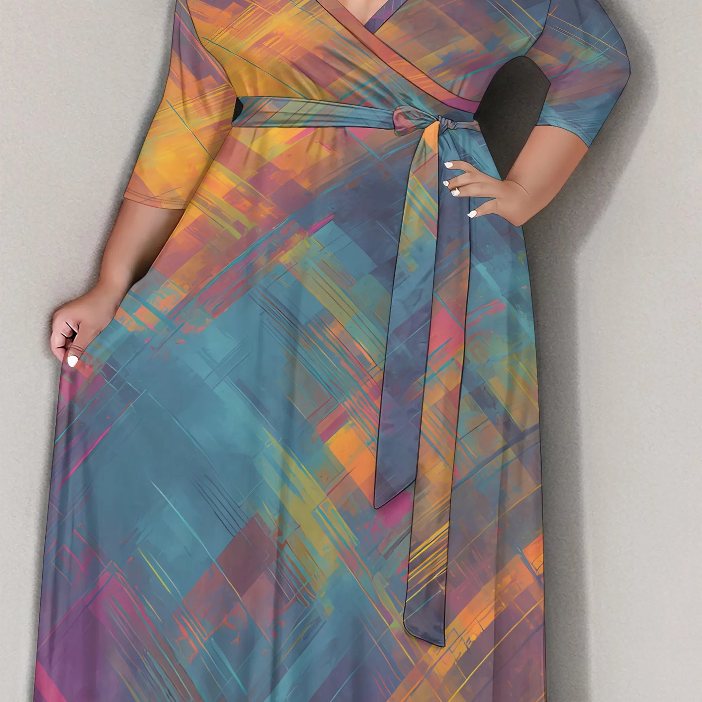Maxy Plus Size Women's 3/4 Sleeve V-Neck Abstract Colorful Print Wrap Maxi Dress Fashion Boho Summer Style