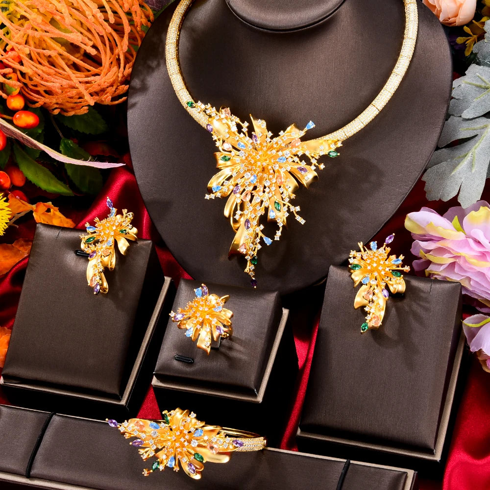 Maxy NEW Luxury 4PCS UAE Rainbow Fireworks Jewelry Set For Women Wedding Party Cubic Bridal Jewelry Set