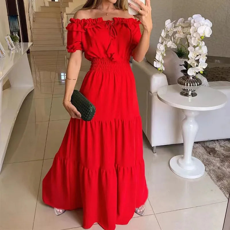 Maxy Summer Women Green Dress Fashion Elegant Short Sleeve Ruffles Maxy Casual Dresses Female Office Loose Dress