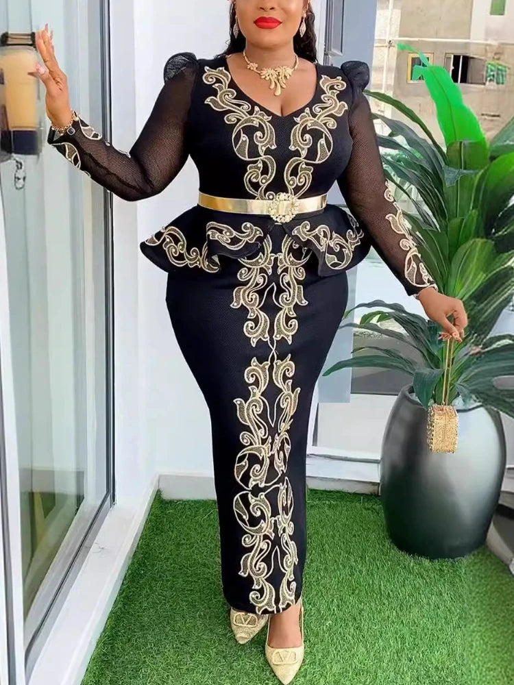 Amay Women Wedding Bride Party Maxy Dress V Neck Luxury Hot Drill Long Sleeve Ruffle Hem Package Hip Elegant Evening Event Celebrate Gowns